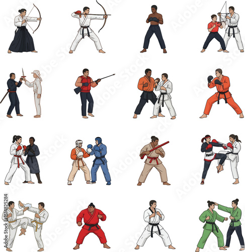 Diverse martial arts collection illustrating archery karate boxing sumo aikido and various combat styles
