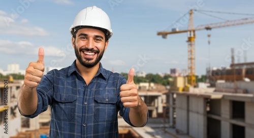 Smiling Construction Engineer Gives Thumbs Up at Building Site