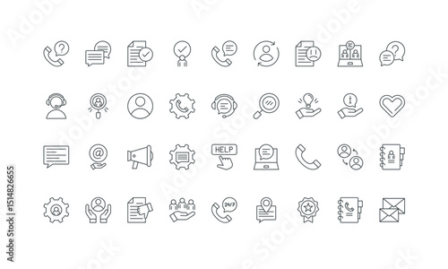 Complaint report and questions, problem solving thin black outline symbols vector illustration. Customer support service, call center and tech problem assistance, online guide line icon set.