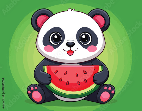 Cartoon panda holding a slice of watermelon with a green background and pink details in the cartoon