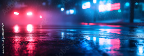 Dark street, wet asphalt, reflections of rays in the water. Abstract dark blue background, smoke, smog. Empty dark scene, neon light, spotlights. Concrete floor
