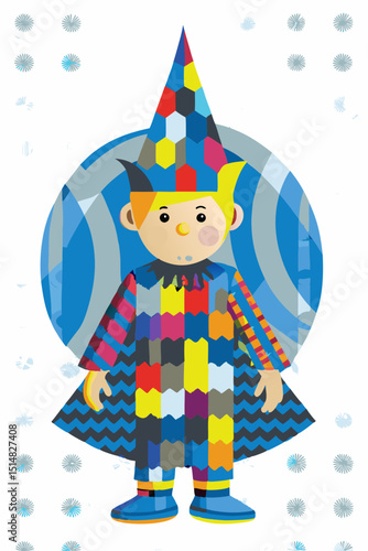 Child wearing colorful gnome costume standing against abstract background  