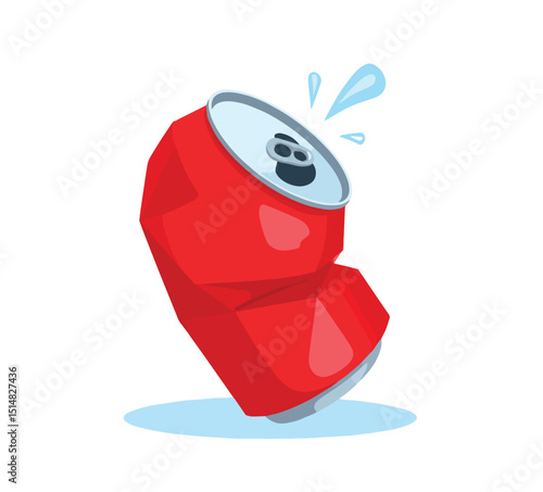 A cartoon illustration of a crushed red soda can with water droplets on a Transparent  background surface
