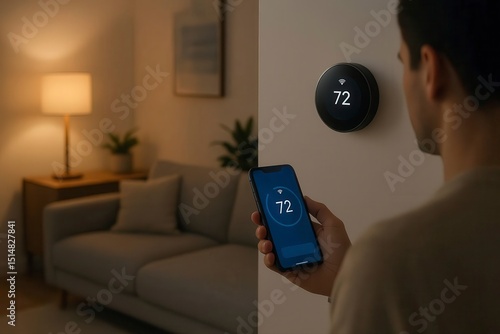 Man adjusting smart thermostat with phone in modern living room scene