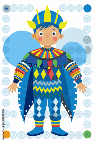 Child dressed in colorful elf costume with playful design elements  