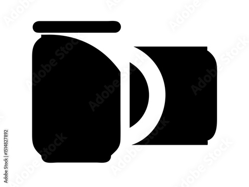 Opened and unopened aluminum soda cans, illustrating product lifecycle. Simple black and white graphic of two soda cans, one intact and the other opened with a wavy, dented top.