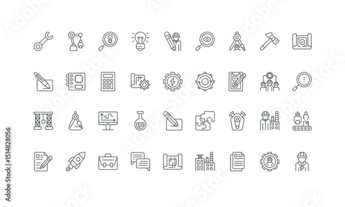 Project blueprint and startup thin black symbols vector illustration. Engineering and manufacturing, equipment and work process of factory technician, engineer and worker line icon set.