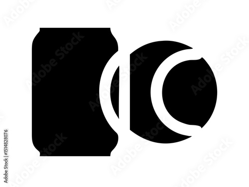 Opened and unopened aluminum soda cans, illustrating product lifecycle. Simple black and white graphic of two soda cans, one intact and the other opened with a wavy, dented top.