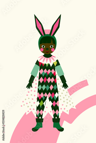 Child dressed in colorful bunny costume with playful expression  