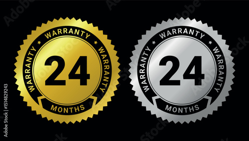 Gold and silver warranty badges with 24 months text for product guarantee and quality labels	