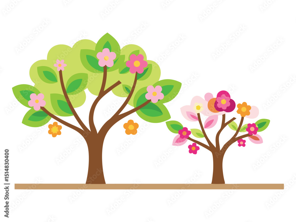 Obraz premium Two blooming trees springtime illustration isolated on white background 