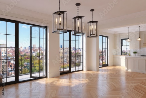 Spacious, sun-drenched apartment interior, city views