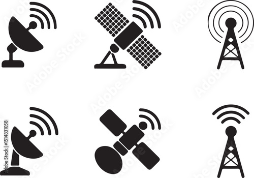 Collection of Black Communication and Satellite Icons on Transparent Background