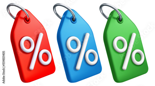 Discount tag with percentage sign, red, blue and green. Sale event, great offer notification icon. Set of price tags for online shopping with savings. 3d realistic, isolated vector illustration
