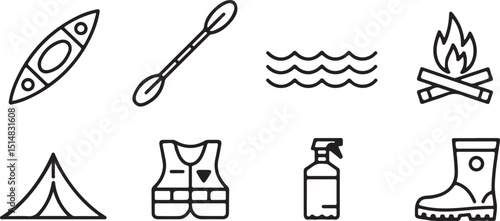 Camping Line Icons Set Kayak, Paddle, Wave, Fire, Tent, Vest, Bottle, and Boot