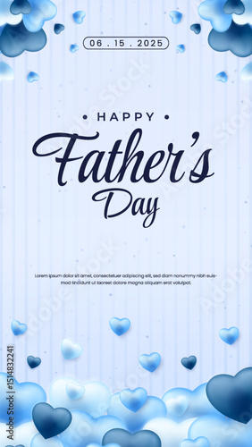 Vertical Happy Fathers Day Card with Blue Hearts on Striped Background