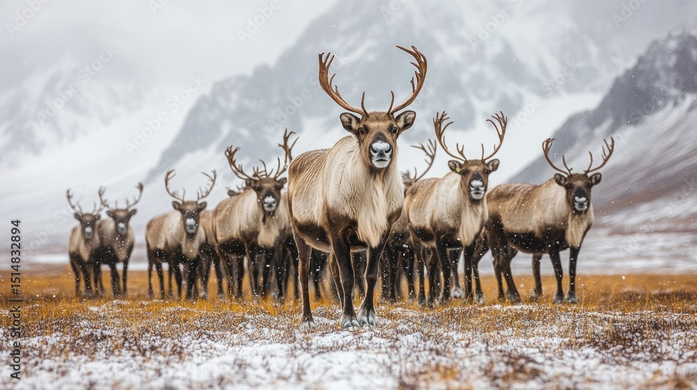 Obraz premium Arctic reindeer herd in snowy landscape (1)