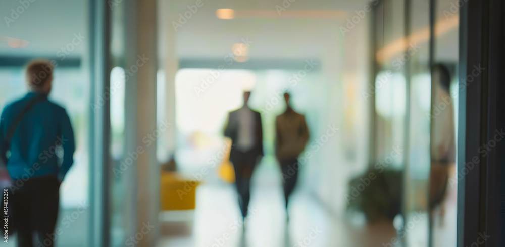 Blurred figures walk in a bright modern office hallway with glass walls.premium high quality blurry office photos for background Blurred figures walk in a bright modern office hallway with glass walls.premium high quality blurry office photos for background