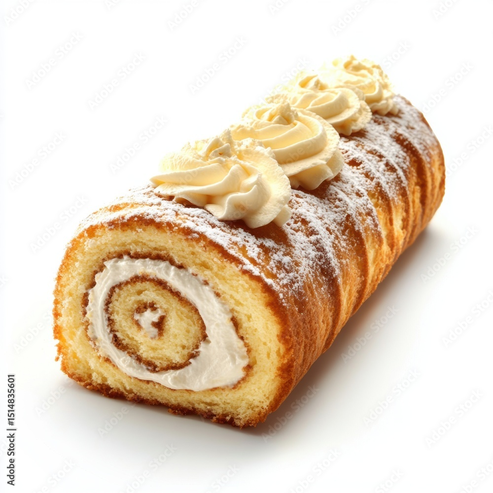 Fototapeta premium Delicious Swiss roll cake with creamy filling and decorative whipped cream frosting, perfect for desserts and special occasions