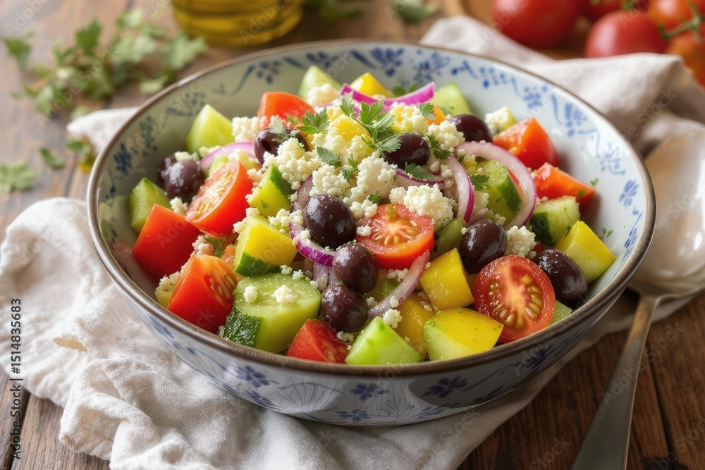 Fresh Greek Salad with Tomatoes, Olives, and Feta in a Decorative Bowl Fresh Greek Salad with Tomatoes, Olives, and Feta in a Decorative Bowl