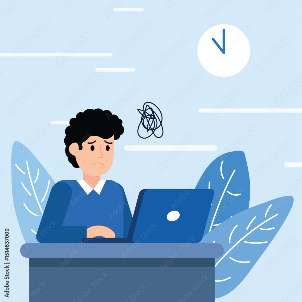 a man who is stressed because of working in front of a laptop. a depressed employee. a person who works under pressure a man who is stressed because of working in front of a laptop. a depressed employee. a person who works under pressure
