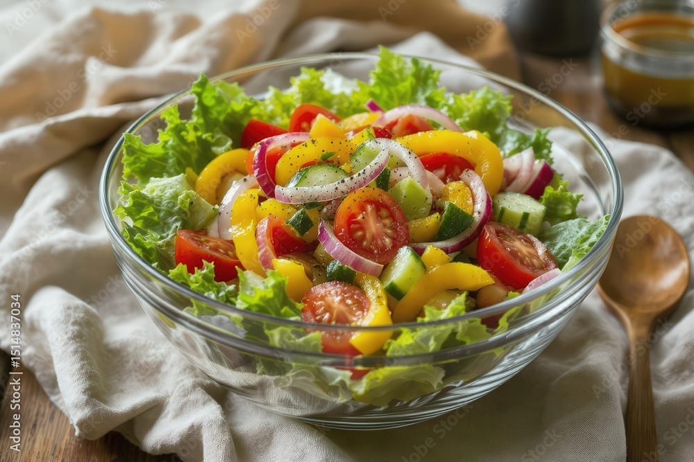 Vibrant garden salad with lettuce, tomatoes, peppers, cucumbers, and red onion in a clear glass bowl Vibrant garden salad with lettuce, tomatoes, peppers, cucumbers, and red onion in a clear glass bowl