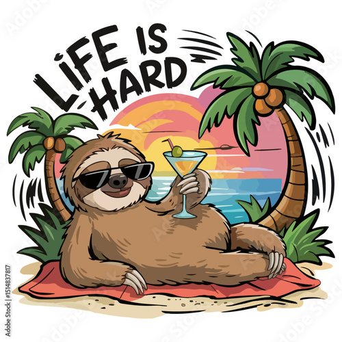 A lazy sloth animal drinking juice summer beach and sunset vector icon