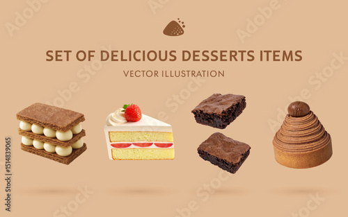 A Set of Delicious Desserts 3D Vector Items: Mille-Feuille, Strawberry Shortcake, Brownie, Mont Blanc