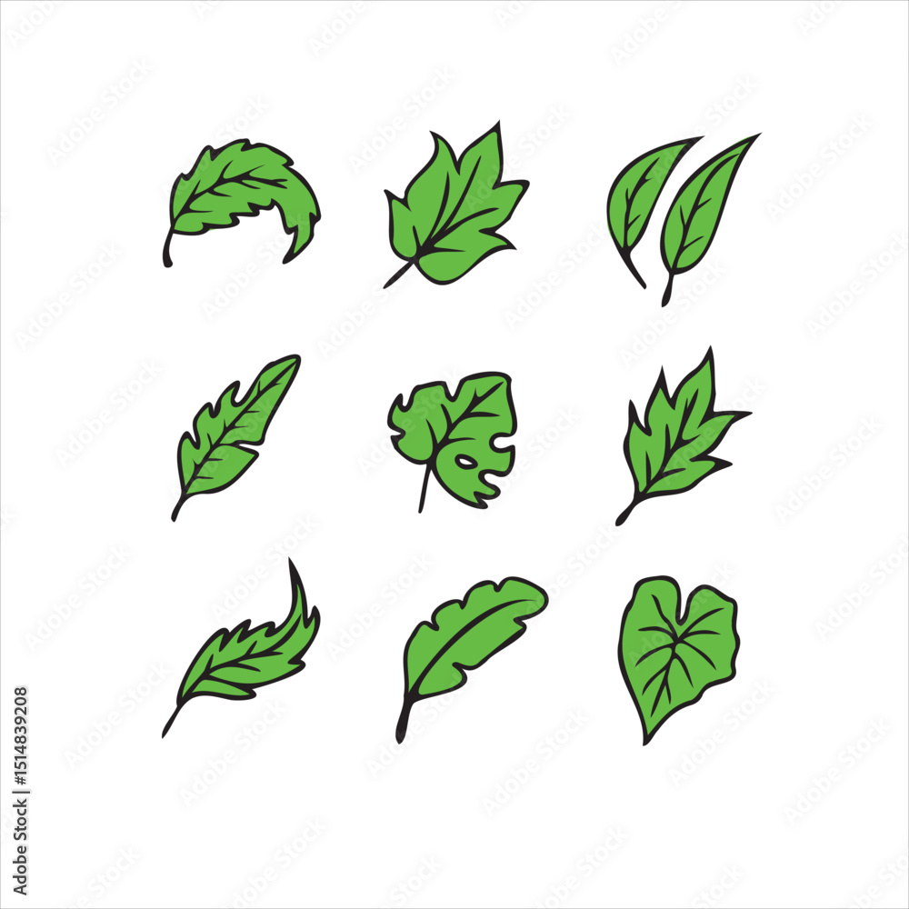A full set of hand-drawn green leaf icons with varied shapes and organic lines volume 01. Perfect for eco branding, packaging, templates, and nature-themed designs A full set of hand-drawn green leaf icons with varied shapes and organic lines volume 01. Perfect for eco branding, packaging, templates, and nature-themed designs