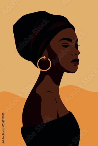 Vector portrait of African woman in turban with earrings. Poster-card for women's day. Symbol of pride, aesthetics, power of beauty. Modern ethnic portrait art in minimalist style for women's projects