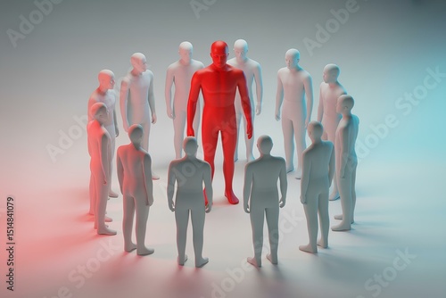 red figure standing out in a crowd. Leadership and thought leader business concept. Collaboration and collaboration with followers to achieve goals. Attracting new employees. Manipulator intriguer