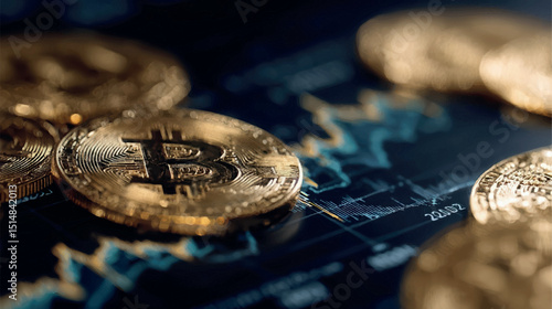 Gold Bitcoin coins superimposed on a fluctuating financial market graph. Cryptocurrency price analysis and investment.