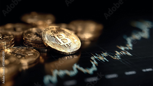 Concept of digital currency value: Physical Bitcoins against a financial data chart. Crypto trading and economy.