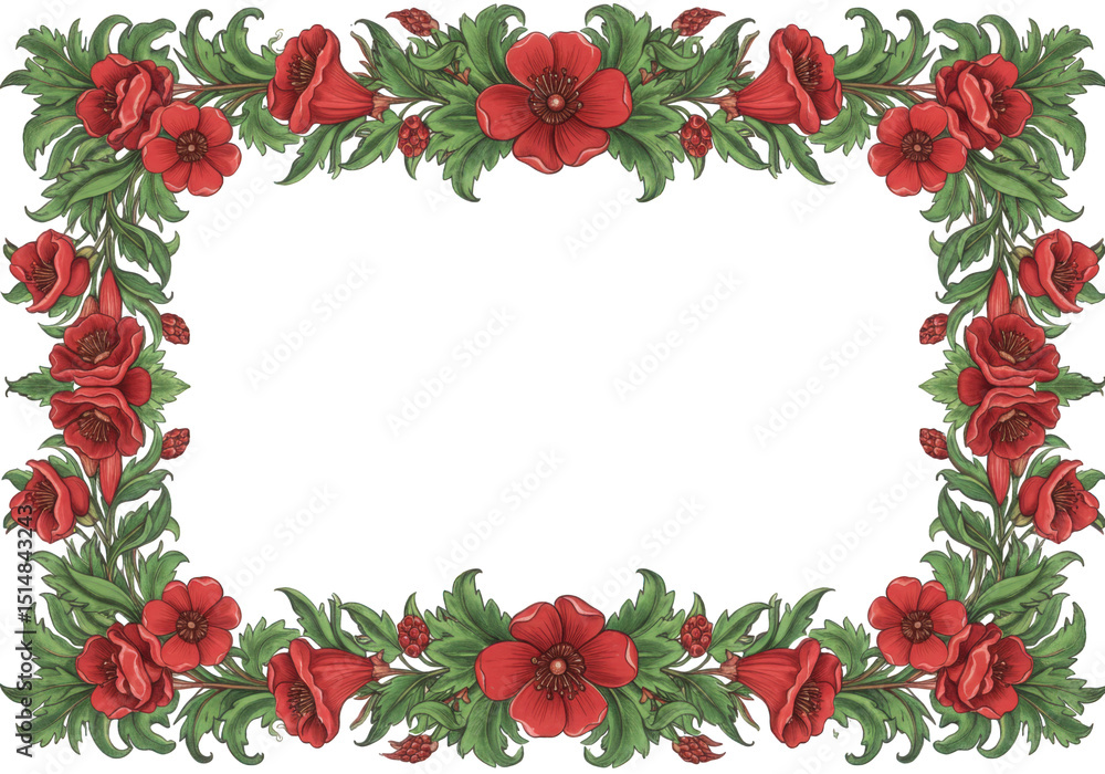 Floral frame with red flowers and green leaves, ornate vintage design element isolated on transparent background Floral frame with red flowers and green leaves, ornate vintage design element isolated on transparent background
