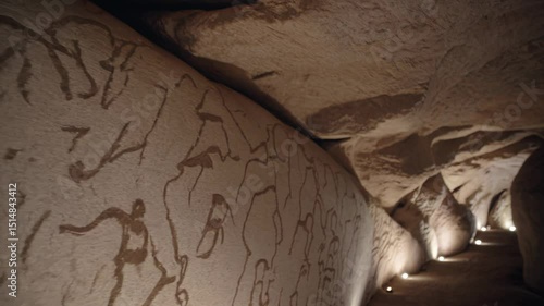 Stone corridor with minimalistic ancient carvings of humans and animals illuminated by ground lights

