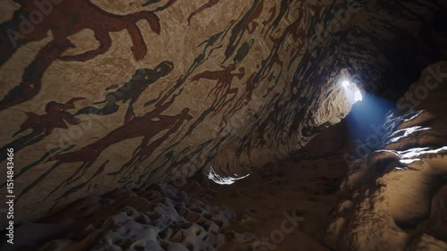 Cave tunnel with ancient paintings of dancing human figures illuminated by dramatic shaft of sunlight

