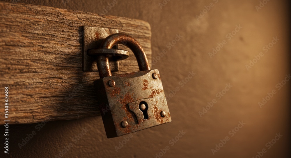 Fototapeta premium Rusty Padlock Securing Wooden Plank with Aged Wall Backdrop