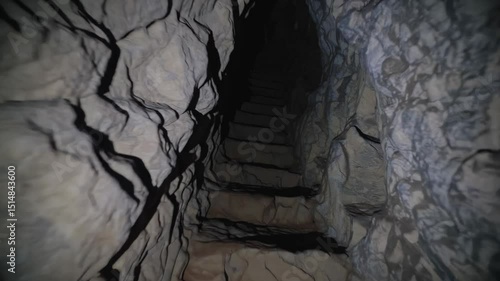 Narrow rocky tunnel with uneven stone steps leading into darkness under minimal lighting

