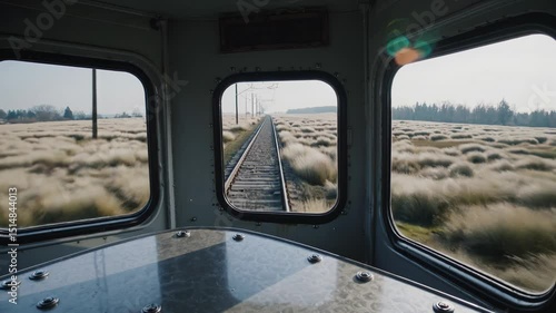 Train moving through grassy fields viewed from inside cabin on a clear day

