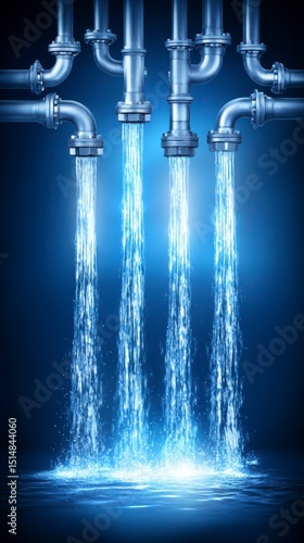 Pipes Releasing Streams of Bright Blue Water in a Dynamic Industrial Setting with an Abstract Background