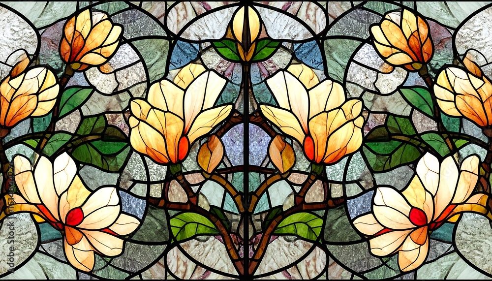 Elegant stained glass window with magnolia flowers with intricate design, and art nouveau style. Elegant stained glass window with magnolia flowers with intricate design, and art nouveau style.