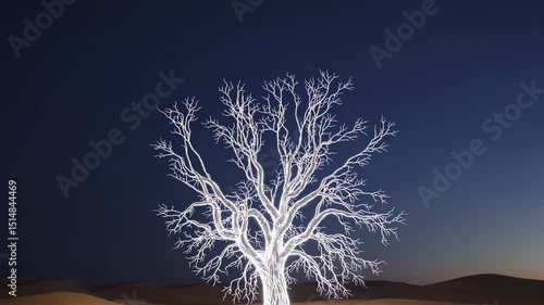 Glowing white tree illuminated against starless desert night casting radiant light on sand dunes