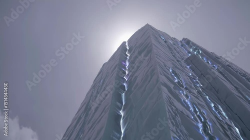 Towering icy monolith with glowing cracks stretching upward toward hazy sun in surreal frozen landscape