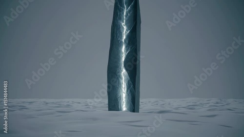 Tall dark monolith with glowing central crack standing on snowy surface in minimal sci-fi scene