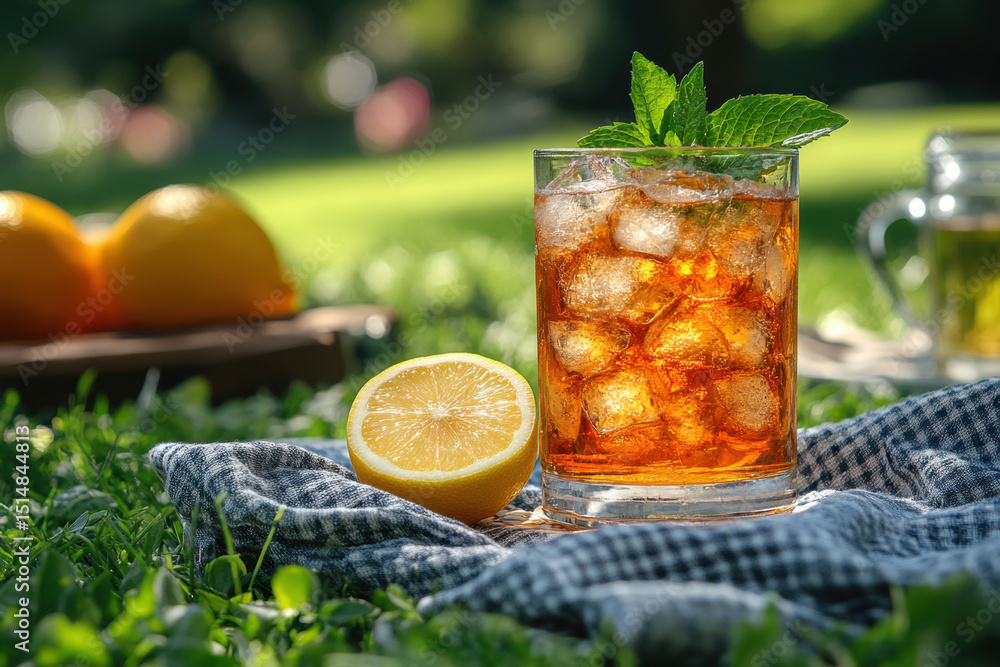 Fototapeta premium Iced tea with lemon slice in a glass.
