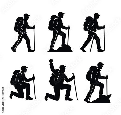 Hiking and Climbing Silhouettes Vector Set of Backpackers with Trekking Poles