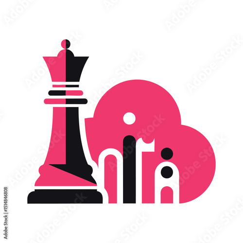 A graphic logo features a chess queen and stylized pink cloud with text.