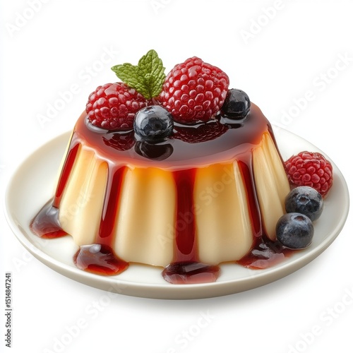 Delicious creamy vanilla pudding dessert topped with fresh raspberries blueberries and a mint leaf drizzled with sweet berry syrup for a tempting treat