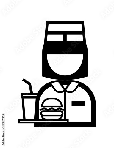 ハンバーガーを持ったファストフード店員のシンプルなモノクロイラストアイコン