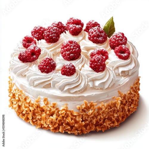Delicious round cake decorated with whipped cream and fresh raspberries on top, with an almond topping border for celebration or special occasion